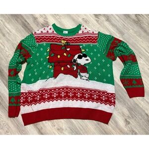 Peanuts Joe Cool Snoopy Christmas Sweater Green‎ Red Fair Isle Mens 3XL 54-56